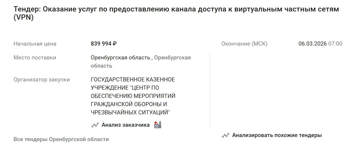 Оренбургская область потратит почти 840 тысяч рублей на VPN
