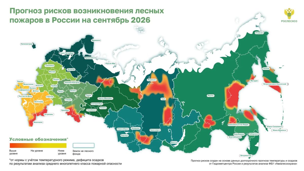 ФБУ «Авиалесоохрана», подведомственная организация Рослесхоза, разработала предварительный прогноз рисков возникновения пожарной опасности в лесах России на сентябрь 2026 года