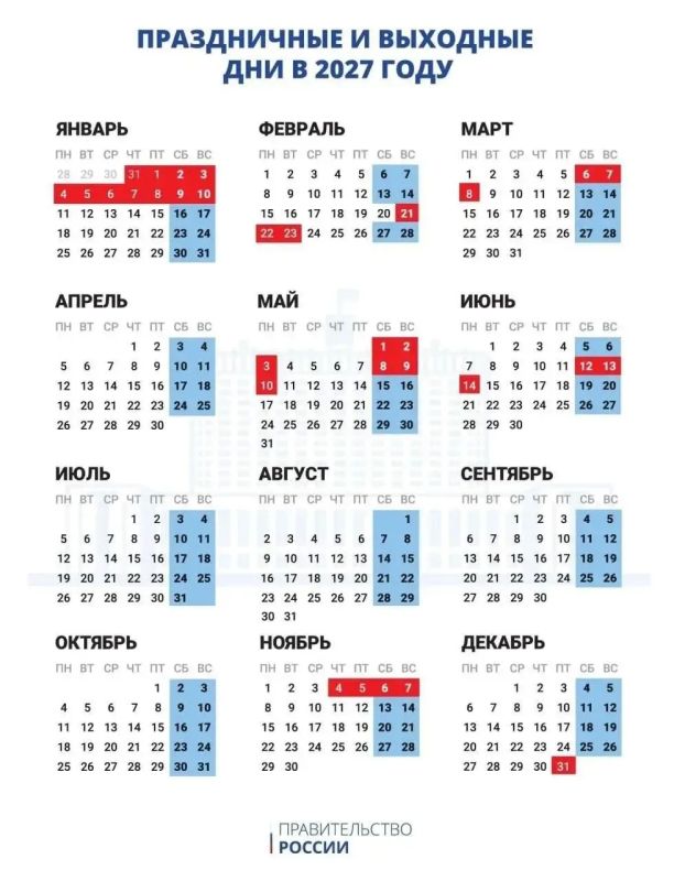 Стало известно, как россияне будут отдыхать в 2027 году