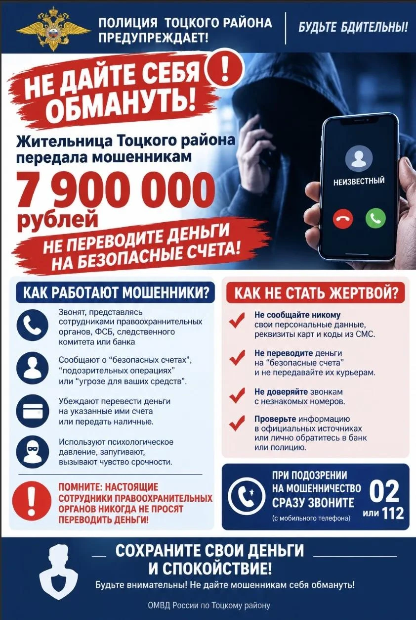 Жительница Тоцкого района передала курьерам мошенников 7 900 000 млн рублей
